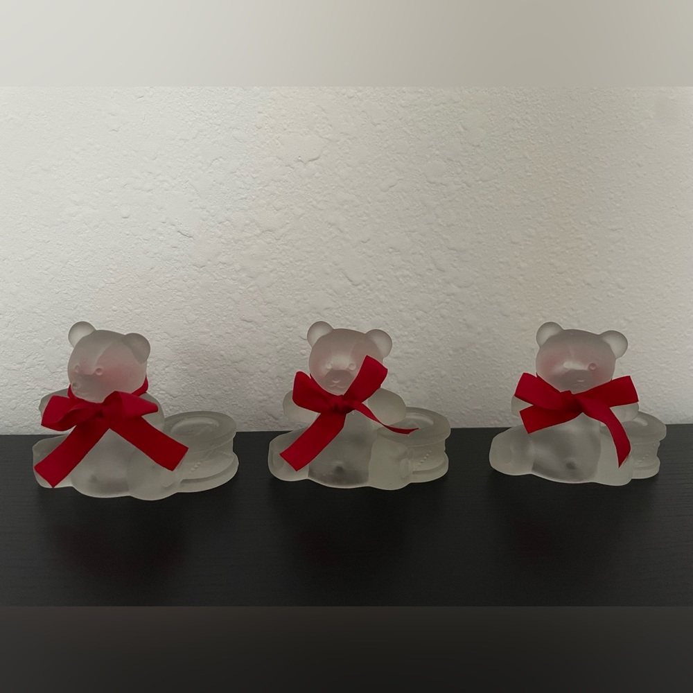 Vintage Set 3 Piece Frosted glass Teddy Bear Candle Holder.